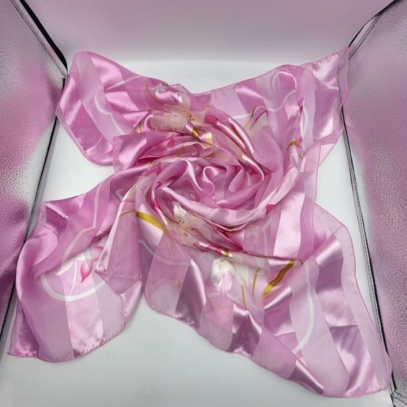 Silk Square Scarf Women 37 x 37 Inches Shawl Wrap floral Pink - Picture 5 of 6
